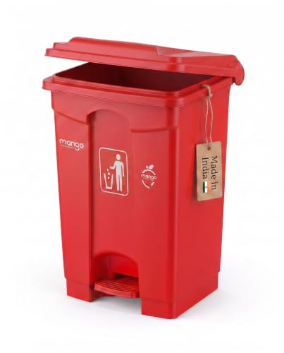 Image of pedal dustbin with lid, heavy duty plastic garbage bin, hands-free step-on waste bin for kitchen, office, home, hotel, bathroom & outdoor use (Mystic Red, 65 Liters)