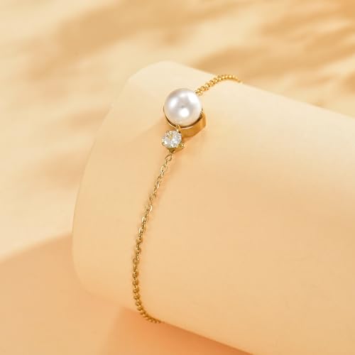 Image of NONAMOIS 18K Gold Plated Diamond Ankle Bracelets for Women Waterproof Gold CZ Pearl Bow Link Chain Anklets Non Tarnish Summer Beach Foot Jewelry Gifts