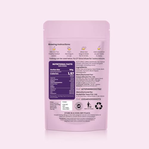 Image of Kaayu Rituals Calm & Detox Herbal Green Tea With Ashwagandha, Lavender & Tulsi | Antioxidant-Rich, Caffeine-Free Stress Relief Relaxation Tea | Promotes Better Sleep | 20 Pyramid Tea Bags (40g)