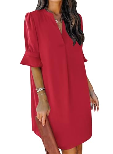 Image of QACOHU Womens Summer Casual V Neck Shift Mini Dress | Flowy Swing Basic Loose Dresses, Ruffle Short Sleeve, Straight, Floral Boho Style, Wedding Guest Beach Vacation Outfits