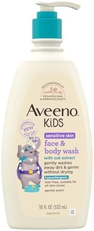 Aveeno Kids Face & Body Wash for Sensitive Skin, Oat Extract, Tear-Free, Non-Drying, Light Scent, Pump Dispenser, Hypoallergenic, Sulfate & Dye Free, 18 fl oz