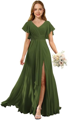 Chiffon Junior Bridesmaid Dress V-Neck Flower Girl Flowy Dresses with Ruffles Chiffon A Line Wedding Party Gown
