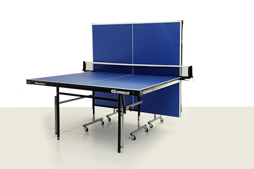 Image of GYMNCO Practice Table Tennis Table with 75 MM Wheel (Top 18 mm Laminated Compressed & Free TT Table Cover + 2 TT Racket & Balls), Blue Top Board and Black & Grey Base Top 18mm