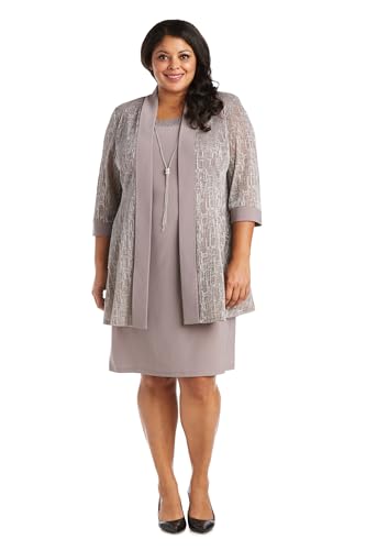 Image of R&M Richards Women's Elegant Metallic Jacquard Knit Jacket Dress | Shimmering 2-Piece Ensemble W /Detachable Necklace