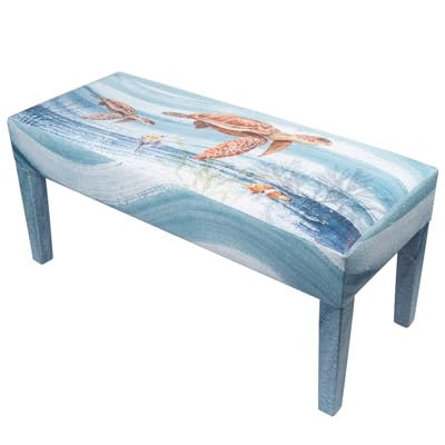 Corner Merchant Indoor Bench Coastal Decor Wood Bench Entryway, Bedroom, Bathroom, Living Room, Sun Room Beach Theme Faux Leather Top (Turtle Waves)