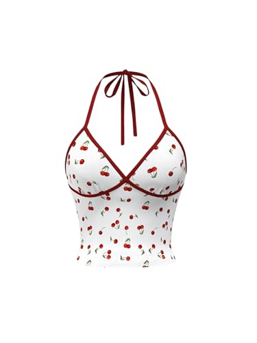 RoseSeek Women's Cherry Print Halter Camisole Tops Backless Slim