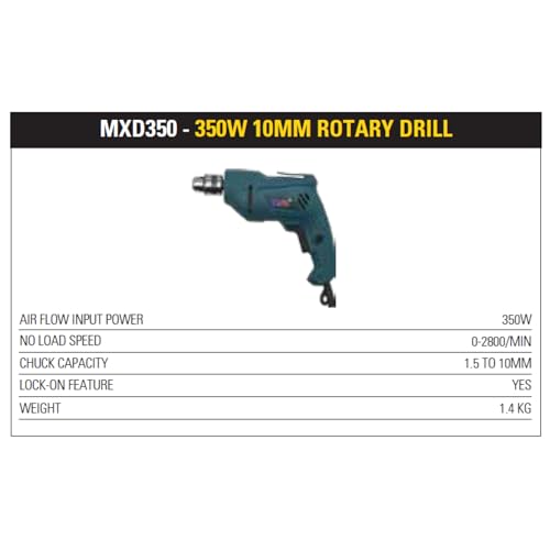 Image of MAX MXD350-IN 350W CORDED Rotary Drill, 2800 RPM No Load Speed, 1.5 to 10mm Chuck Capacity, 1.4 kg, Professional Tool for Wood and Metal Surfaces