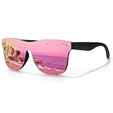 LINVO Gafas de sol polarizadas para hombre y mujer, pantallas reflectantes planas, una sola pieza, protección UV durante la pesca, Negro Marco Lente Rosa, M
