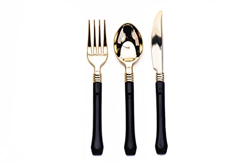 Sugar & Cloth Black and Gold Plastic Disposable Flatware Set, 36-Piece, Service for 12