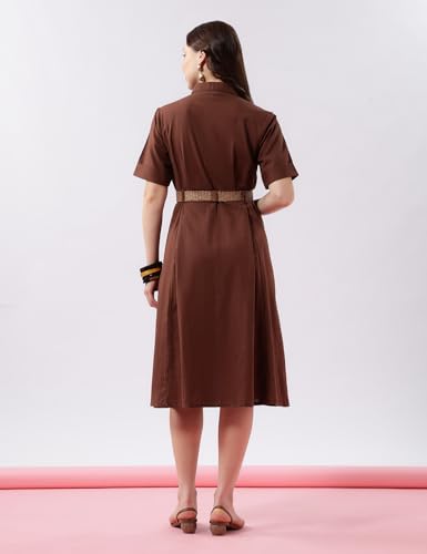 Image of FYLTR Women's Solid Midi Dress - 100% Cotton | Half Sleeve | Western Dress for Women | Office wear Dress (Belt Included)