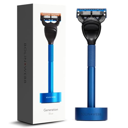 Bolin Webb Maquinilla de afeitar y soporte en color azul. Equipado con cuchilla Gillette Fusion5. Maquinilla de afeitar de lujo para hombre.
