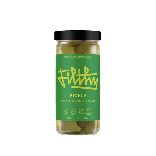 Filthy Pickle Stuffed Olives, Premium Cocktail Garnish, Naturally Cured Queen Olives Stuffed with Mini Gherkins for Bloody Marys & Martinis, 8.5 Oz Jar, 12 Olives