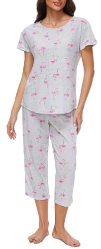 Image of CHUNG Women Cotton Pajama Sets Sleepwear pjs Short Sleeve Shirt Capri Length Crop Pants Cute Vivid Print
