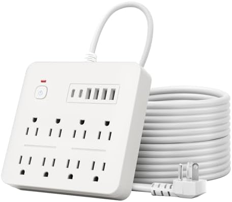 6 FT Flat Plug Surge Protector Power Strip,8 Multiple AC Outlets with 6 USB Ports (2 USB C), 6 Feet Extension Cord, 1250W/10A, One Touch Switch Button, 17 in 1 Compact powerstrip (White)