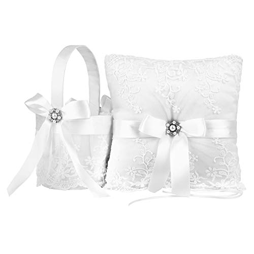 True Love Gift Ring Bearer Pillow And Wedding Flower Girl Basket Set Pearl Rhinestones White Satin Lace Collection #TOP3