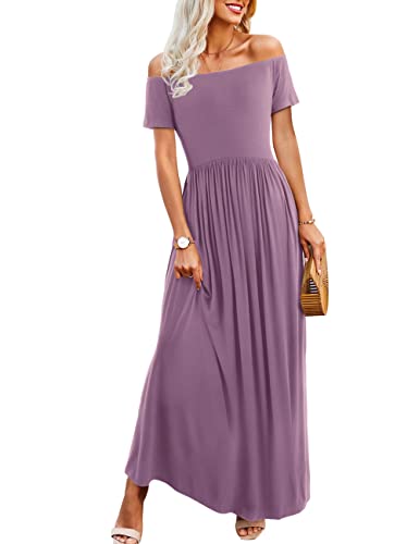 chinese dress ladies Amoretu Dresses for Women Short Sleeve Off Shoulder Maxi Flowy Casual Loose  Plain Dress with Pockets