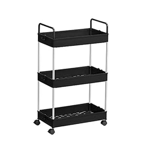 SONGMICS-trolley, keukentrolley met 3 niveaus, handgrepen, keukenplank op wielen, 42 x 22,5 x 68 cm, zwart KSC019B01