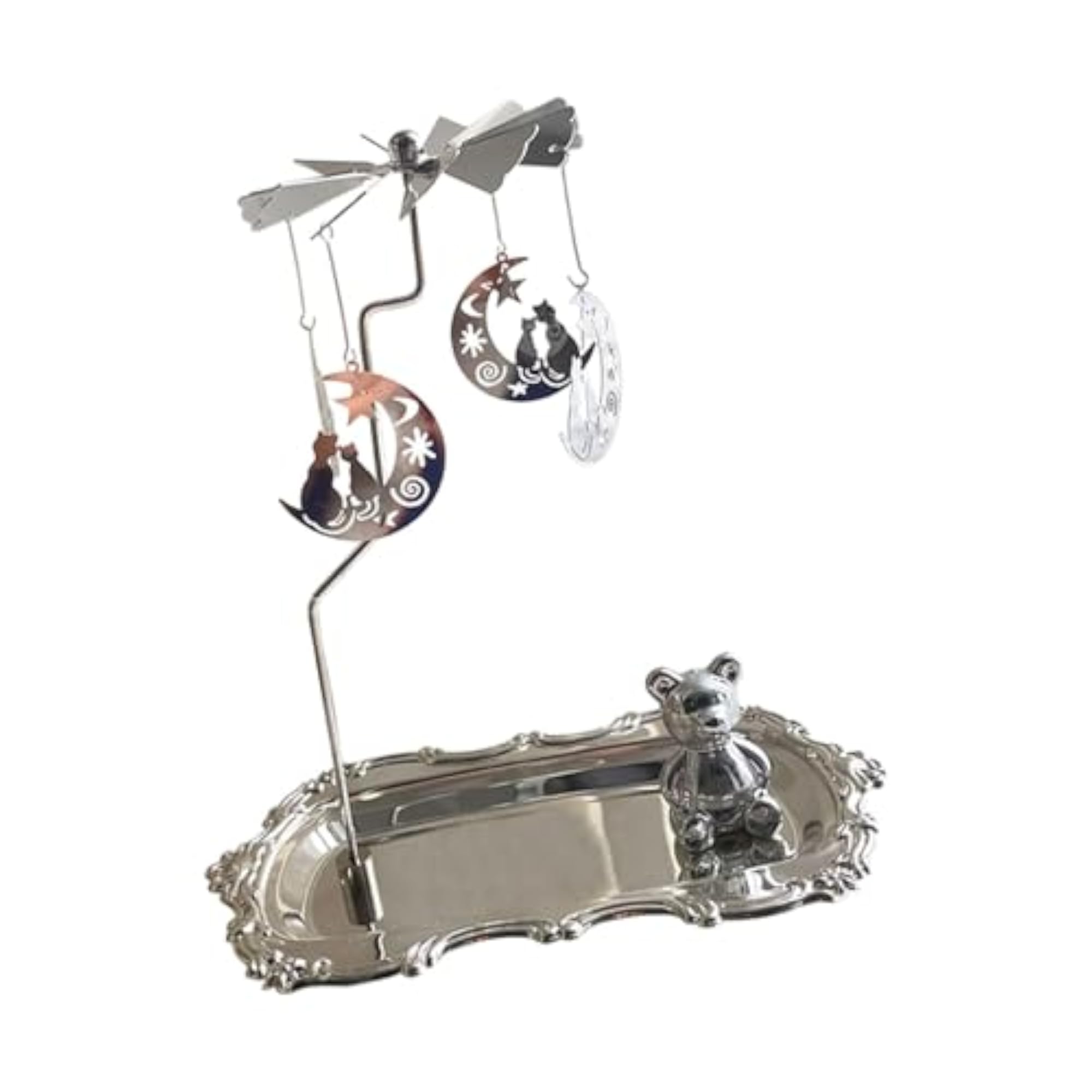 Rotating Candle Holder with Tray, Silver Cat Design