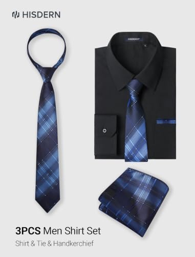 Image of HISDERN Mens Dress Shirt with Tie Pocket Square Set Classic Button Down Shirt Matching Tie Long Sleeve Shirts