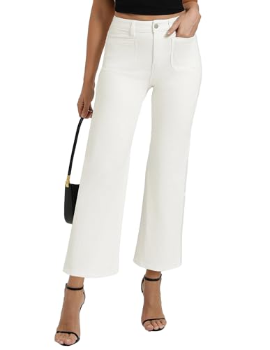 Best Petite White Jeans for Women Over 50: Flattering Fits That Won't Quit on You 3 Belle Poque Women Straight Leg Jeans White Mid Rise Stretchy Wide Leg Denim Pants with Pockets Front (White, 8)