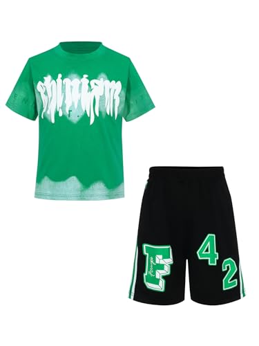 Kids Boys 2 Piece Sports Tracksuit Letter Print T-shirt And Shorts Set Breathable Sportswear Green 7-8 Years