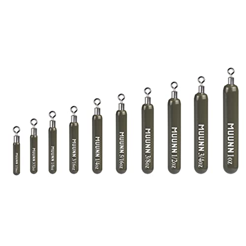 MUUNN 10 Pack Tungsten Free Rig Skinny Drop Shot Weights,Raindrop Free Rig Fishing Sinkers kit for Drop Shot Rig(No Chip Green Pumpkin,1/4oz)