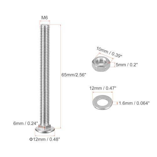 Image of uxcell M6x65mm Square Neck Carriage Bolts with Nuts & Washers, 24Set 304 Stainless Steel Round Head Square Neck Coach Bolt Screws, Silver Tone