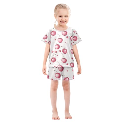 ALAZA Bow Cherry White Pajamas Set Short Sleeve Cotton Sleepwear Summer Pjs 2 Piece 5-14Y3