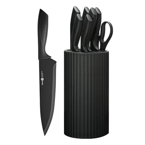 Knife Set, 8-Piece Kitchen Knife Set with Universal Block – Anti-Rust Chef Knives, Ergonomic Design, Dishwasher Safe (Black)