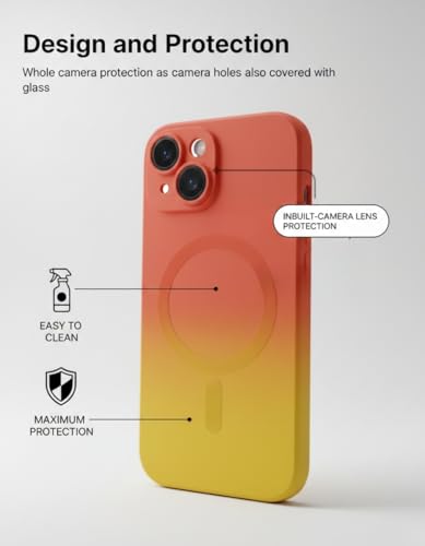 Image of amazon basics Gradient Mag-Safe Case for iPhone 15 | Soft Silicone Shockproof Cover with Camera Protection | Slim Lightweight Design | Smooth Touch & Durable - Orange & Yellow