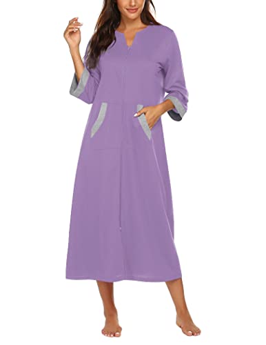 Image of Ekouaer Women Zipper Robe 3 /4 Sleeves Loungewear Dress Full Length Sleepwear Pockets Housecoat Nightgown Long Bathrobe