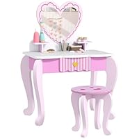 AIYAPLAY Kids Dressing Table Set, 2-Piece Girls Vanity Table with Mirror, Stool, Drawer, Storage, Desktop, Heart-Themed Makeup Desk and Chair, Pink