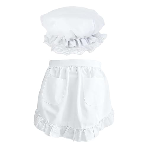 CVFRTT 1 Demi-Tablier, 1 Chapeau De Femme De Chambre, Tablier Blanc, Chapeau Tablier De Femme De Chambre, Tablier avec Poches, Vêtements De Cuisine