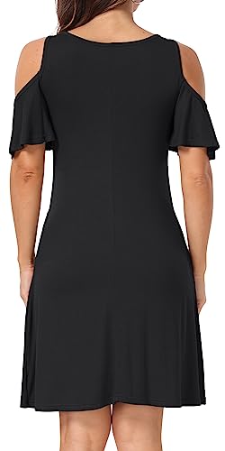 Image of Short /Long Sleeve Women's Cold Shoulder Dress with Pockets Casual Swing T-Shirt Dresses