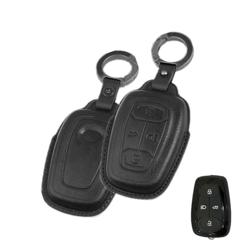 Image of Keyzone Vintage Leather Key Cover Compatible for Tata Nexon | Harrier | Safari | Altroz | Tigor | EV | Punch | Tiago EV Electric 4 Button Smart Key (Black)