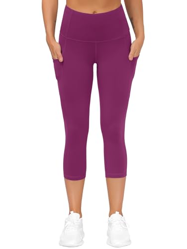 Image of THE GYM PEOPLE Thick High Waist Capris Yoga Pants with Pockets, Tummy Control Workout Running Yoga Leggings for Women