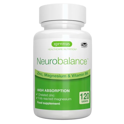 Igennus Neurobalance,Zinc, Magnesio y Vitamina B6,Alta Absorción, Adultos y Niños, Etiqueta Limpia, Función Cerebral y Concentración, Ayuda a Dormir,Recuperación Muscular,24 mg,120 Comprimidos Veganos