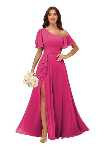 Image of One Shoulder Bridesmaid Dresses for Women with Pockets Short Sleeve Ruffled Chiffon Formal Evening Gowns