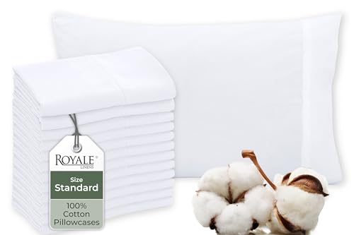 Royale Linens White Cotton Pillow Cases Standard Size Set of 12 - Bed Pillow Covers - 100% Cotton Pillowcases - Soft & Cooling- Envelope Closure - Hotel Quality Bulk Pillowcases 20 x 26