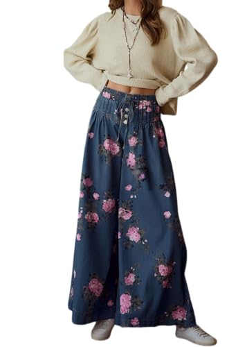 yoeasy Womens Casual Wide Leg Jeans Elastic Drawstring Boho Floral Pleated Denim Pants Y2k Baggy Boyfriend Jeans