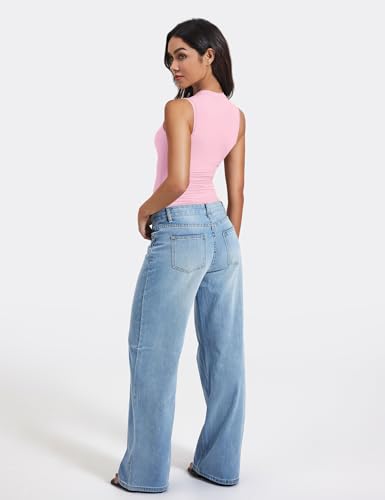 Image of YEOREO Women Basic Mock Neck Workout Crop Top Sleeveless Double Lined Tank Tee Slim Fitted Ruched Going Out Camisole
