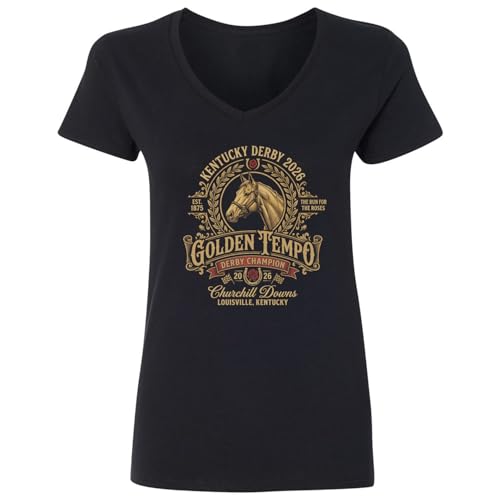 Kentucky 2026 Horse Race Champion Golden Tempo Ladies' V-Neck Tshirt (Black, Medium)