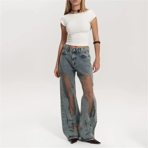 2025 Women's mesh Patchwork Printed Jeans Spicy Slim Casual Straight-Leg Pants Hip-hop2