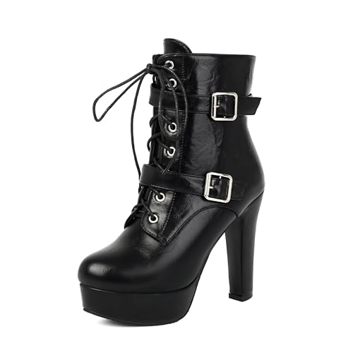 Image of FOREADA Goth Boots Chunky Heel Boot For Women Ankle Combat Booties Black Platform Bootie Buckle Rivets Punk Goth Shoes With Zipper