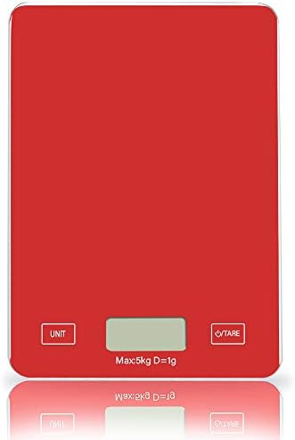 Digital Kitchen Scale Weighing Sclae Food Weighing Electronic Tempered Glass DIY Scales with Large Platform and Backlit LCD, Slim Design, Batteries Included,11lb/5kg (Red)