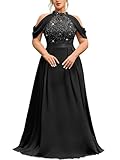 MISSMAY Women's Plus Size Dress Sequin Lace Halter with Cape Sleeves Evening Formal Maxi Dress Black