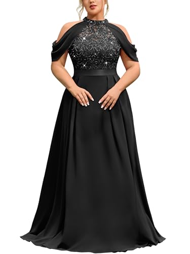 MISSMAY Women's Plus Size Dress Sequin Lace Halter with Cape Sleeves Evening Formal Maxi Dress Black