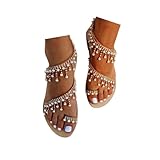Rhinestone Sandals for Women Dressy Summer 2026,Women's Pearl Strappy Flat Sandals Beaded Ankle Strap Toe Ring Trendy Sandal Wedding Beach Flip Flops Flats Elegant Flower Bridal Bride Shoes