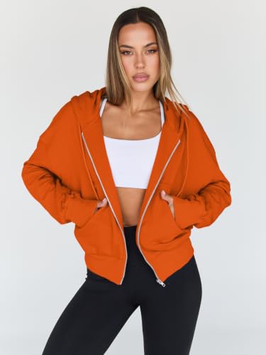 Image of Trendy Queen Womens Zip Up Hoodies Cropped Jackets Fall Outfits 2026 | lightweight comfort material, slouchy drop shoulder, casual travel winter clothes with pockets, airport workout athletic