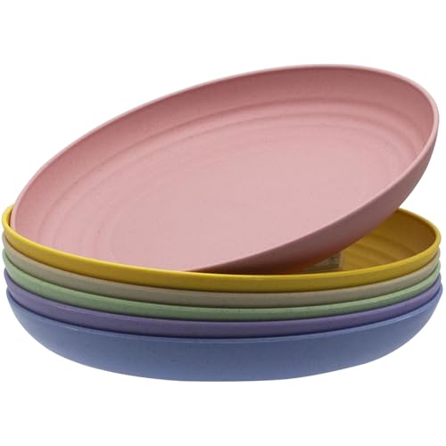 MKYHBOO 23cm Deep Wheat Straw Dinner Plates Set, Unbreakable Outdoor Plates, 6pcs Lightweight Dinner Dishes, Microwave and Dishwasher Safe Plate for Kitchen